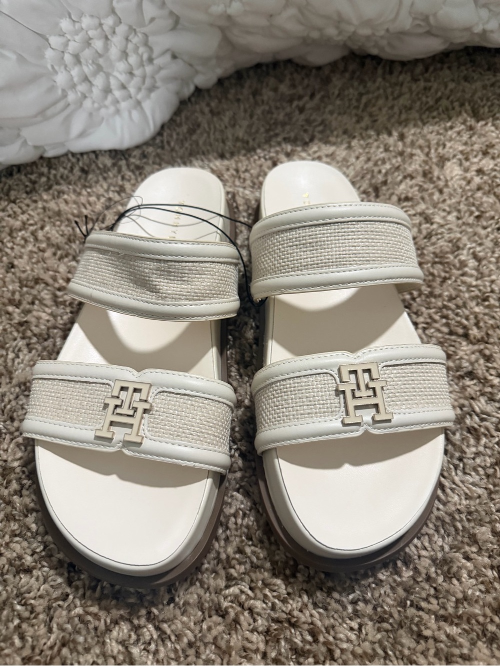 Tommy Hilfiger Women's Ivory Slide Sandals with Woven Straps